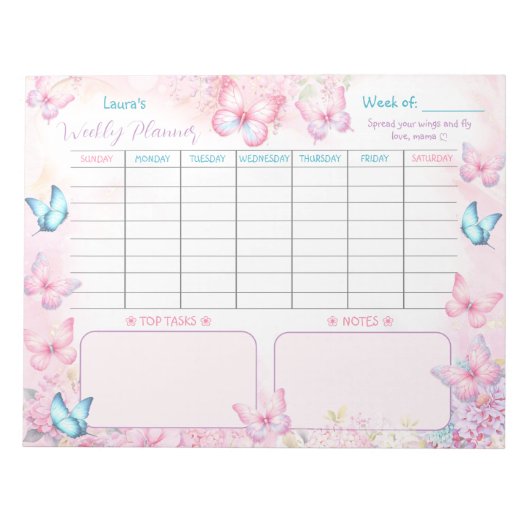 Wekelijkse Planner Vlinder Roze Paarse Bloemen Naa Notitieblok (Voorkant)