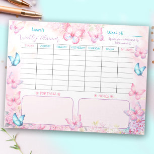 Wekelijkse Planner Vlinder Roze Paarse Bloemen Naa Notitieblok