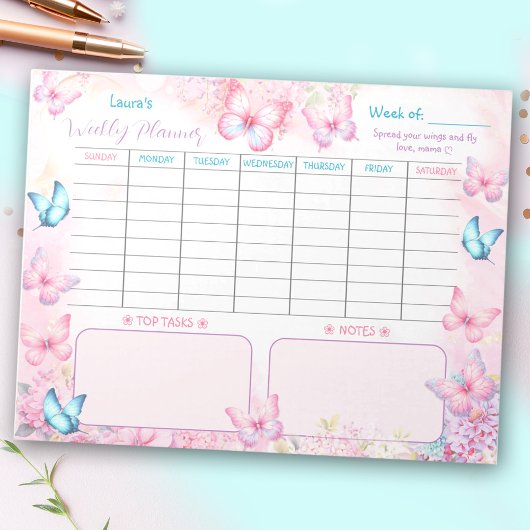Wekelijkse Planner Vlinder Roze Paarse Bloemen Naa Notitieblok