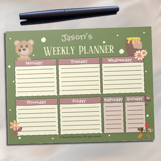 Wekelijkse planner voor kinderen met beer notitieblok