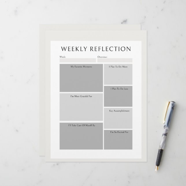 Wekelijkse Reflectie Planner Afdrukbaar Werkblad  Briefhoofd (Voorkant / Achterkant in situ)