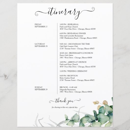 Wekend Wedding Itinerary Greenery EucalyptuS (Achterkant)