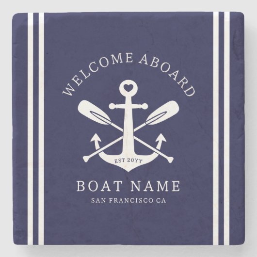 Welcome Aboard Boat Name Nautical Anchor | Blue Stenen Onderzetter (Voorkant)