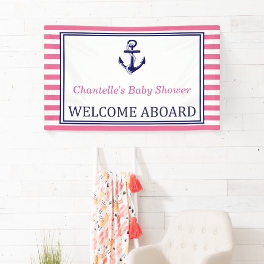 Welcome Aboard - Sign - Pink Navy Nautical Spandoek (Insitu)