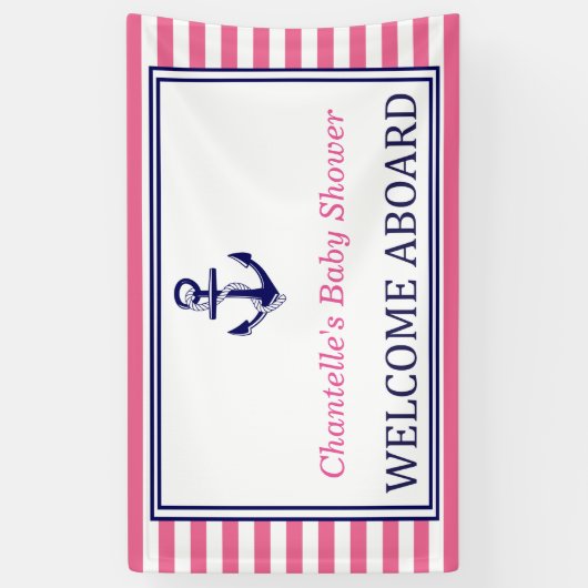 Welcome Aboard - Sign - Pink Navy Nautical Spandoek (Verticaal)