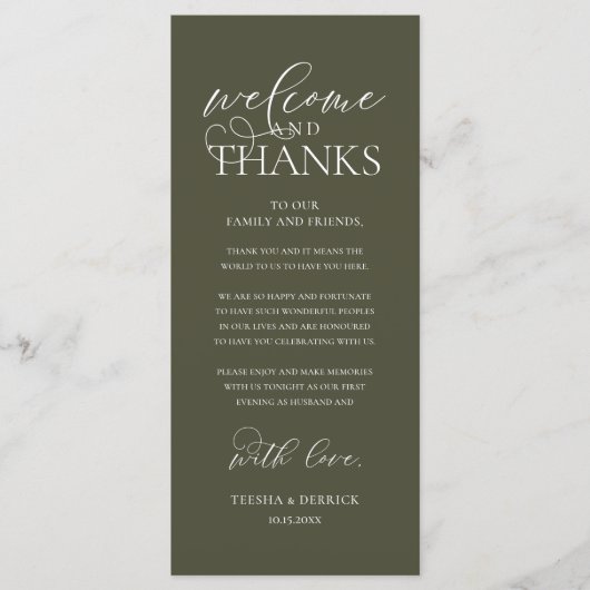 "Welcome and Thanks" Classy Reception Guest Card Programmakaart (Voorkant)