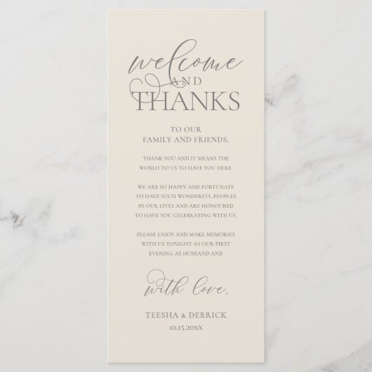 "Welcome and Thanks" Classy Reception Guest Card Programmakaart (Voorkant)