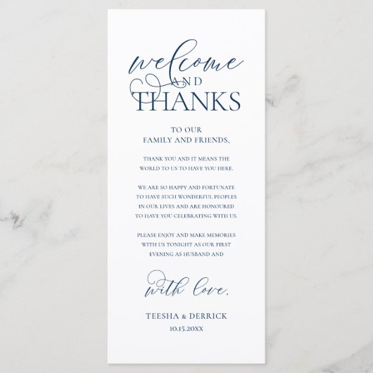 "Welcome and Thanks" Classy Reception Guest Card Programmakaart (Voorkant)