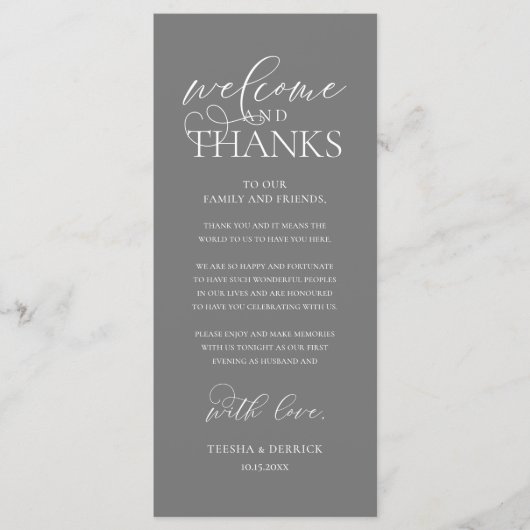 "Welcome and Thanks" Classy Reception Guest Card Programmakaart (Voorkant)