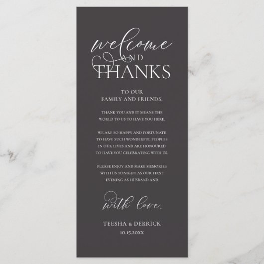 "Welcome and Thanks" Classy Reception Guest Card Programmakaart (Voorkant)