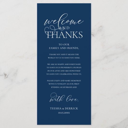 "Welcome and Thanks" Classy Reception Guest Card Programmakaart (Voorkant)