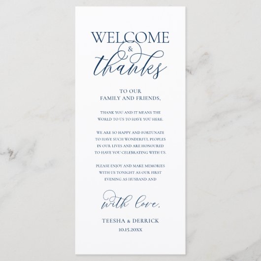 "Welcome and Thanks" Elegant Reception Guest Card Programmakaart (Voorkant)