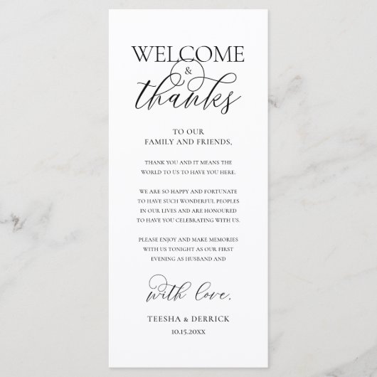 "Welcome and Thanks" Elegant Reception Guest Card Programmakaart (Voorkant)