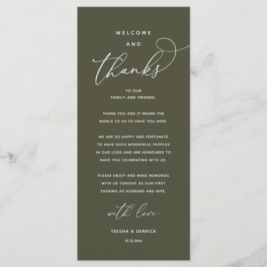"Welcome and Thanks" Elegant Reception Guest Card Programmakaart (Voorkant)