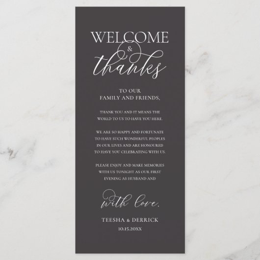 "Welcome and Thanks" Elegant Reception Guest Card Programmakaart (Voorkant)