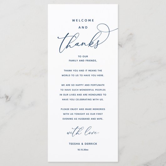 "Welcome and Thanks" Elegant Reception Guest Card Programmakaart (Voorkant)