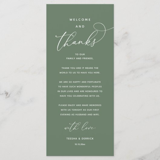 "Welcome and Thanks" Elegant Reception Guest Card Programmakaart (Voorkant)