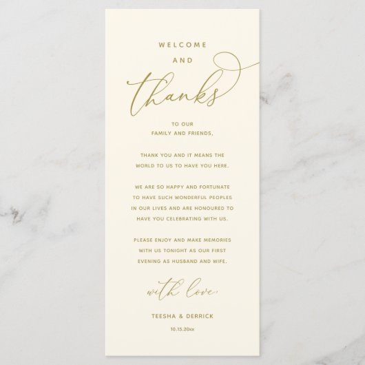 "Welcome and Thanks" Elegant Reception Guest Card Programmakaart (Voorkant)