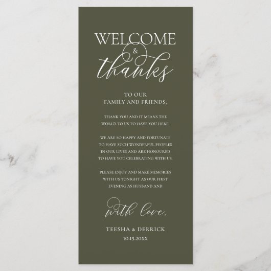 "Welcome and Thanks" Elegant Reception Guest Card Programmakaart (Voorkant)