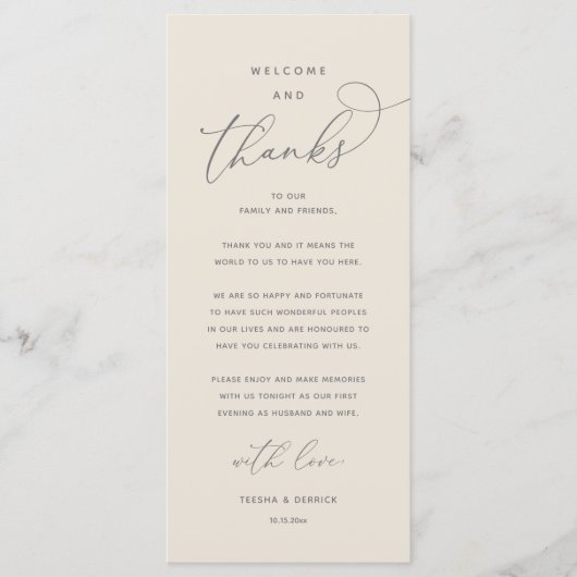 "Welcome and Thanks" Elegant Reception Guest Card Programmakaart (Voorkant)