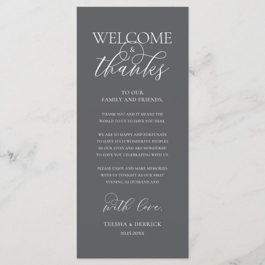 "Welcome and Thanks" Elegant Reception Guest Card Programmakaart (Voorkant)