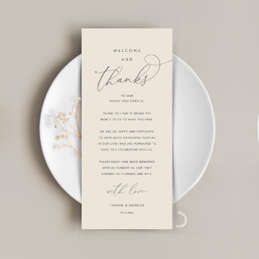 "Welcome and Thanks" Elegant Reception Guest Card Programmakaart