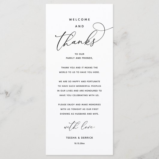 "Welcome and Thanks" Elegant Reception Guest Card Programmakaart (Voorkant)