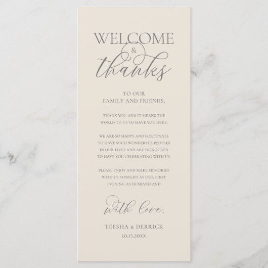 "Welcome and Thanks" Elegant Reception Guest Card Programmakaart (Voorkant)