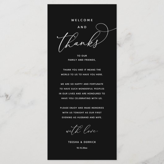 "Welcome and Thanks" Elegant Reception Guest Card Programmakaart (Voorkant)