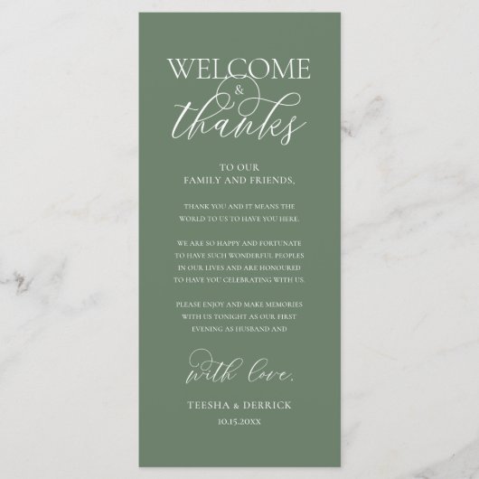 "Welcome and Thanks" Elegant Reception Guest Card Programmakaart (Voorkant)