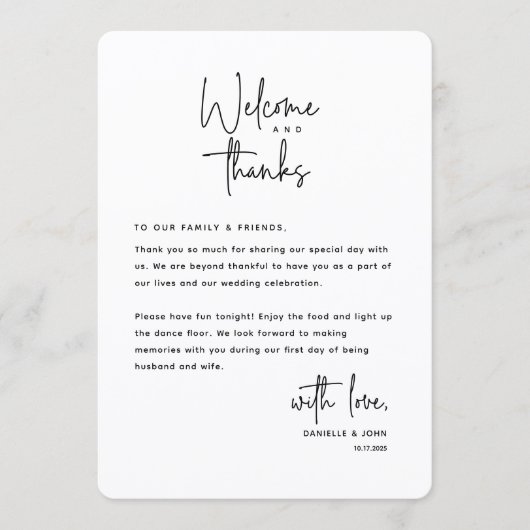 Welcome and Thanks, Place Setting Thank You Card Programmakaart (Voorkant)