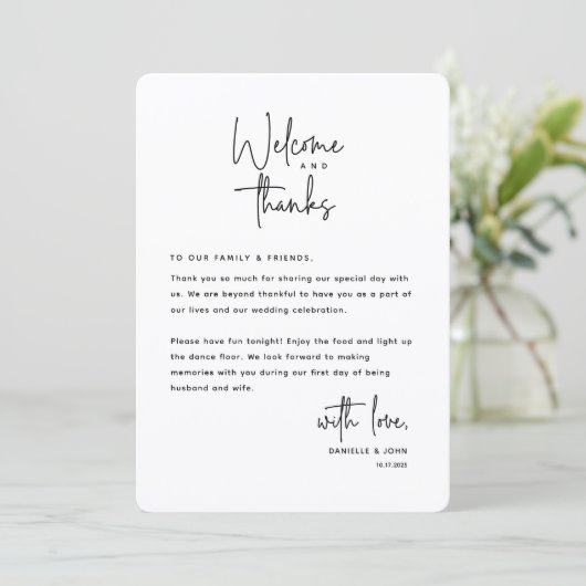 Welcome and Thanks, Place Setting Thank You Card Programmakaart (Staand voorkant)