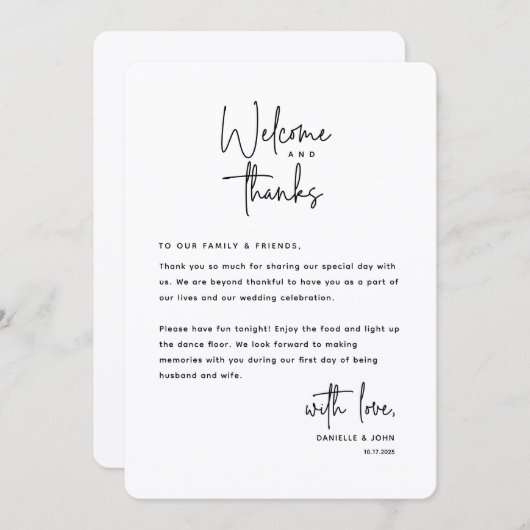 Welcome and Thanks, Place Setting Thank You Card Programmakaart (Voorkant / Achterkant)