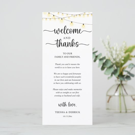 "Welcome and Thanks" Rustic Reception Guest Card Programmakaart (Staand voorkant)