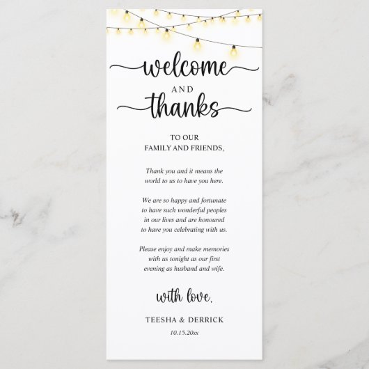 "Welcome and Thanks" Rustic Reception Guest Card Programmakaart (Voorkant)