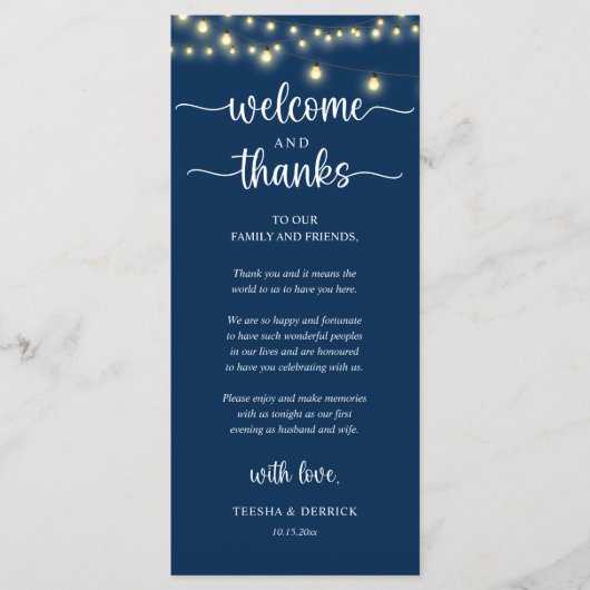 "Welcome and Thanks" Rustic Reception Guest Card Programmakaart (Voorkant)