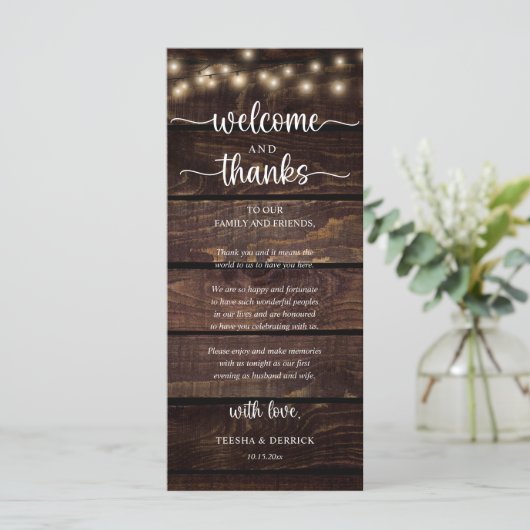 "Welcome and Thanks" Rustic Reception Guest Card Programmakaart (Staand voorkant)
