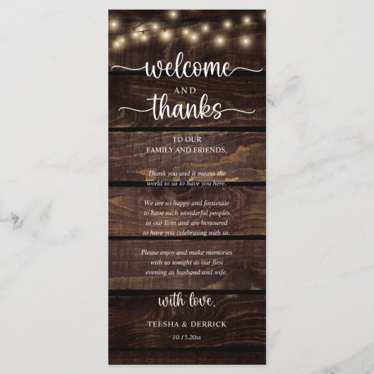 "Welcome and Thanks" Rustic Reception Guest Card Programmakaart (Voorkant)