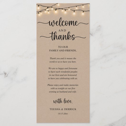 "Welcome and Thanks" Rustic Reception Guest Card Programmakaart (Voorkant)