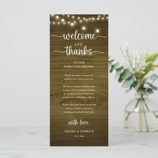 "Welcome and Thanks" Rustic Reception Guest Card Programmakaart (Staand voorkant)