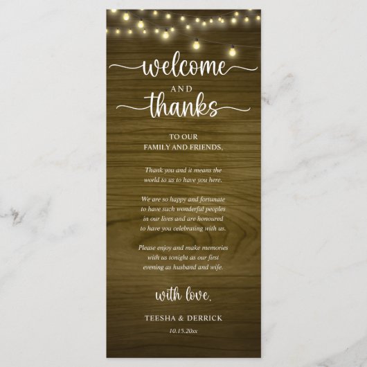 "Welcome and Thanks" Rustic Reception Guest Card Programmakaart (Voorkant)