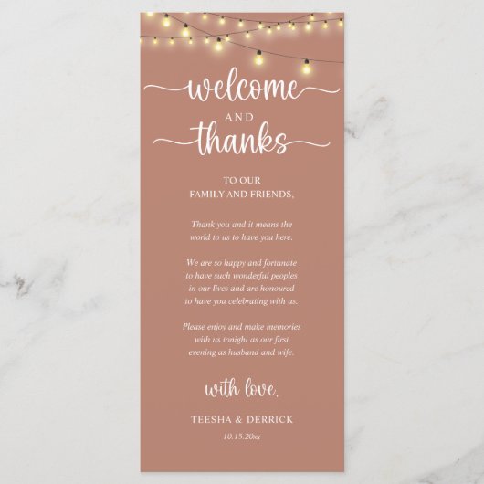 "Welcome and Thanks" Rustic Reception Guest Card Programmakaart (Voorkant)