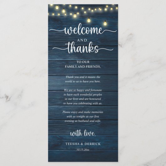 "Welcome and Thanks" Rustic Reception Guest Card Programmakaart (Voorkant)