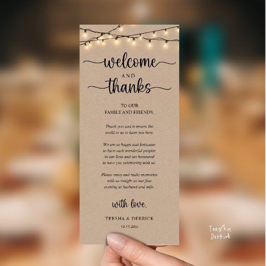 "Welcome and Thanks" Rustic Reception Guest Card Programmakaart