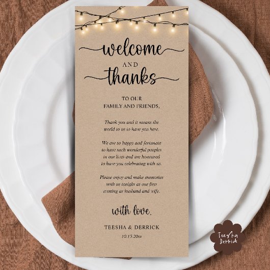 "Welcome and Thanks" Rustic Reception Guest Card Programmakaart