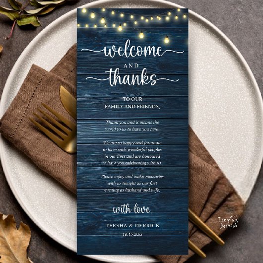 "Welcome and Thanks" Rustic Reception Guest Card Programmakaart