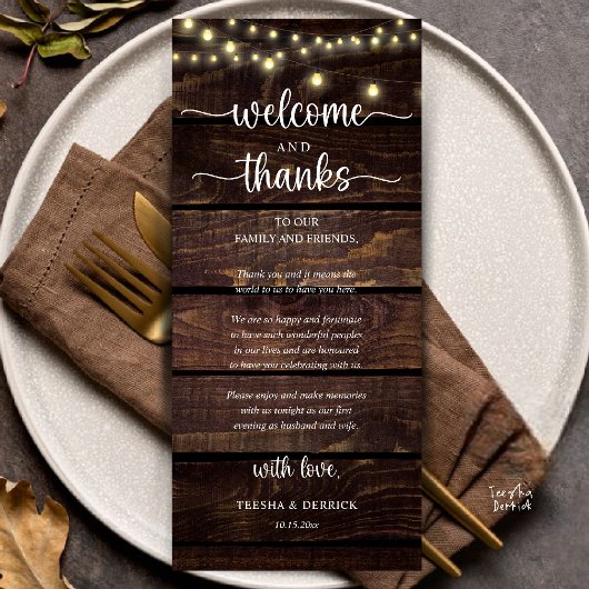"Welcome and Thanks" Rustic Reception Guest Card Programmakaart