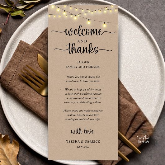 "Welcome and Thanks" Rustic Reception Guest Card Programmakaart