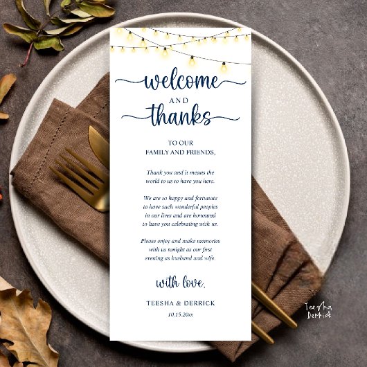 "Welcome and Thanks" Rustic Reception Guest Card Programmakaart
