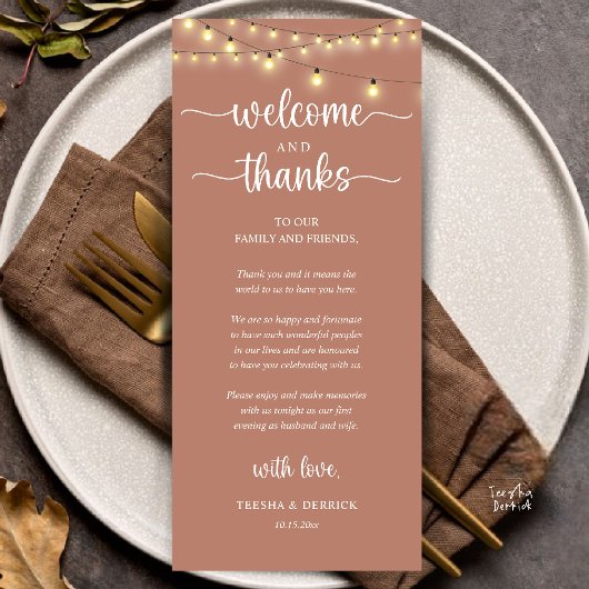 "Welcome and Thanks" Rustic Reception Guest Card Programmakaart
